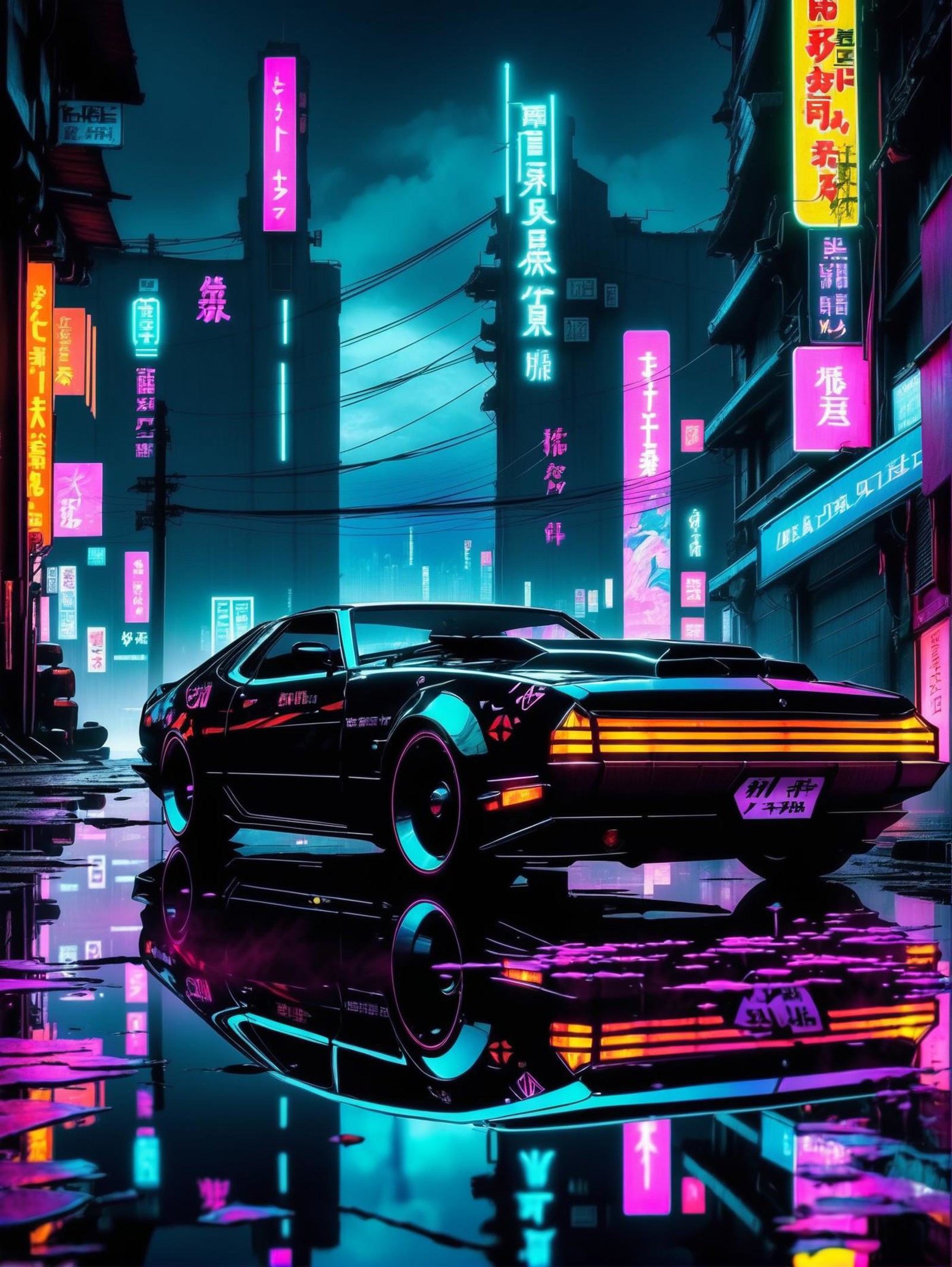 (dark anime art), cyberpunk war car, dark city, reflective puddles, neon signs